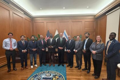 Ahsan Iqbal with Mayor Brandon Johnson in Chicago discussing education cooperation