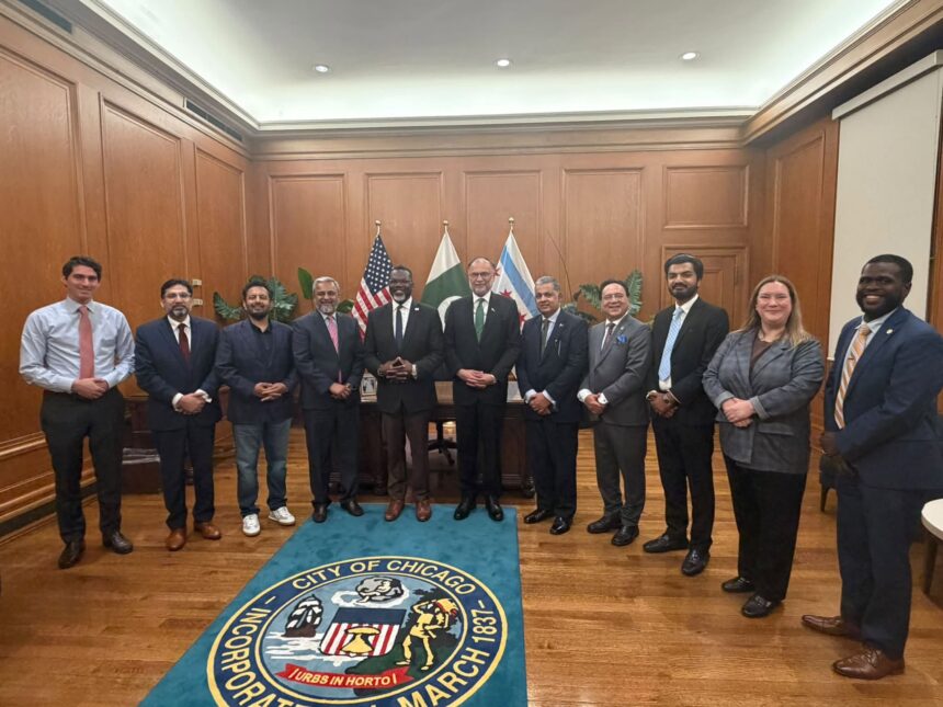 Ahsan Iqbal with Mayor Brandon Johnson in Chicago discussing education cooperation