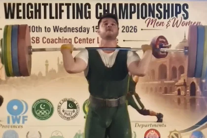 Furqan Ahmad competing at the National Weightlifting Championships in Lahore