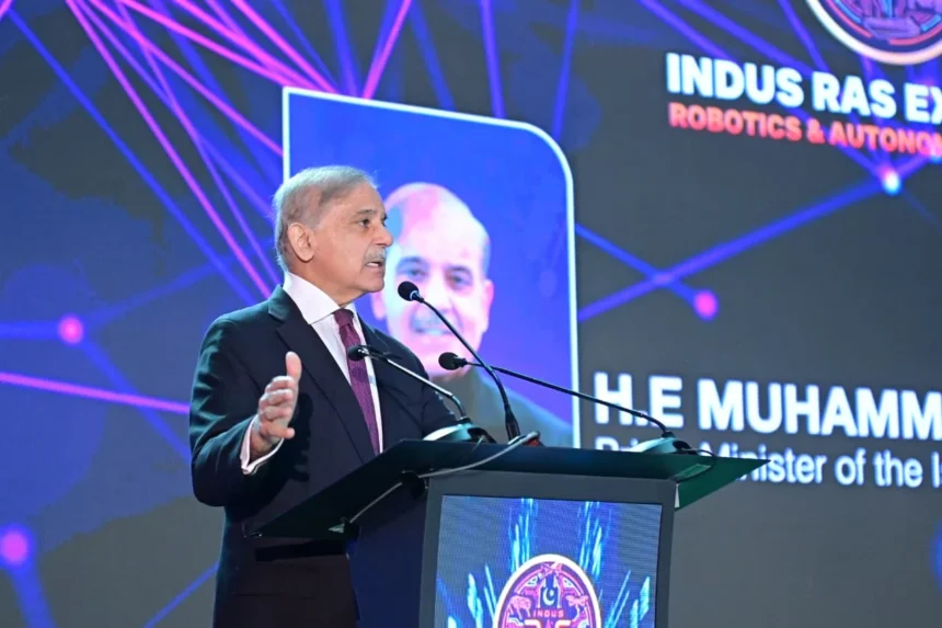 Prime Minister Shehbaz Sharif addressing the Indus RAS Robotics and Autonomous Systems Expo 2026 in Islamabad