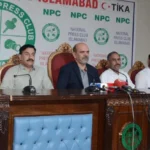 Sardar Hassan Ibrahim addressing media at National Press Club Islamabad