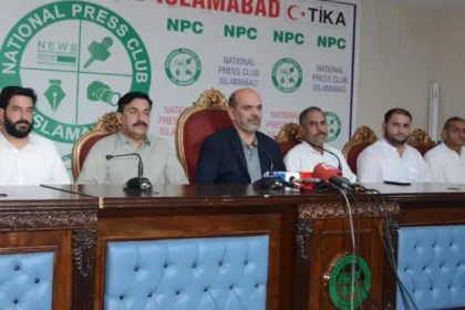 Sardar Hassan Ibrahim addressing media at National Press Club Islamabad