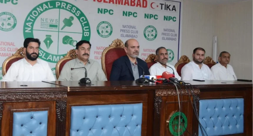 Sardar Hassan Ibrahim addressing media at National Press Club Islamabad
