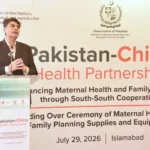 Dr Mukhtar Ahmad Bharath addressing reproductive health supplies handover ceremony at BHU Tarlai Islamabad