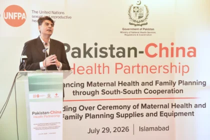 Dr Mukhtar Ahmad Bharath addressing reproductive health supplies handover ceremony at BHU Tarlai Islamabad