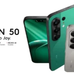 TECNO CAMON 50 premium smartphone highlighting camera, AMOLED display and durability features