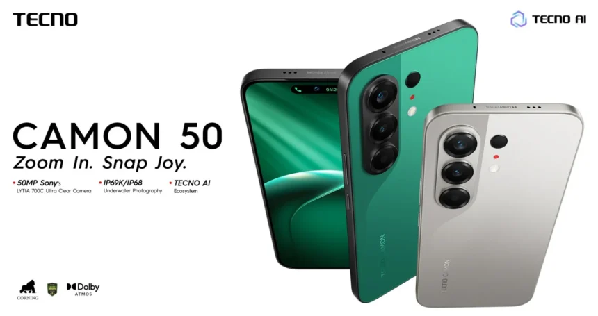 TECNO CAMON 50 premium smartphone highlighting camera, AMOLED display and durability features
