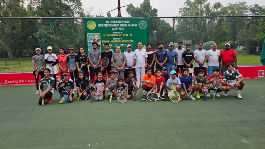 Players and officials at the Ali Embroidery Mills High-Performance Tennis Training Camp in Lahore
