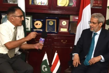 Yemeni Ambassador Mohammed Mutahar Al-Shabi speaking during an interview at the Yemeni Embassy in Islamabad