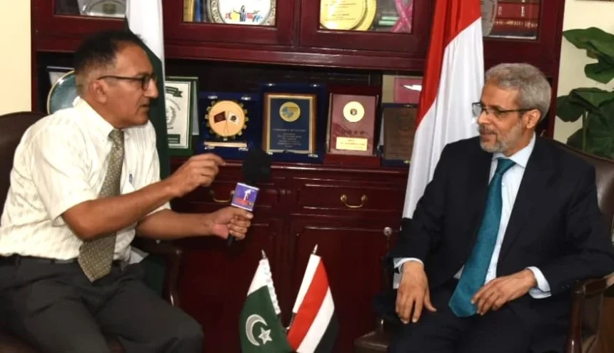 Yemeni Ambassador Mohammed Mutahar Al-Shabi speaking during an interview at the Yemeni Embassy in Islamabad
