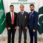 Abrar Hussain Tanoli receiving Tamgha-e-Imtiaz at Pakistan Embassy ceremony in Riyadh