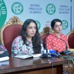 Women Democratic Front leaders addressing a press conference at National Press Club Islamabad