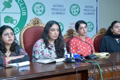 Women Democratic Front leaders addressing a press conference at National Press Club Islamabad