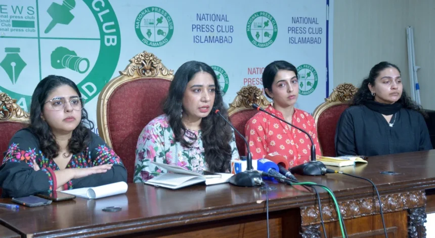 Women Democratic Front leaders addressing a press conference at National Press Club Islamabad