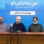 Hafiz Naeemur Rehman addressing a press conference at Idara Noor-e-Haq in Karachi
