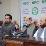 Sardar Muhammad Yousuf addressing a press conference at Islamabad Press Club with Hazara province movement leaders
