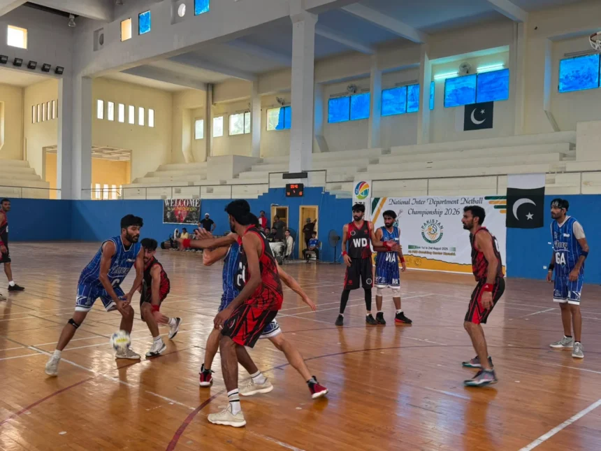 Players and officials at the opening ceremony of the National Inter-Department Netball Championship 2026 in Karachi