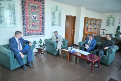 Senator Azam Nazeer Tarar meeting EU Ambassador Raimundas Karoblis in Islamabad