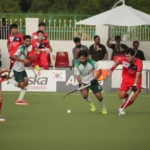 Pakistan hockey team in action against South Korea at Naseer Bunda Hockey Stadium Islamabad