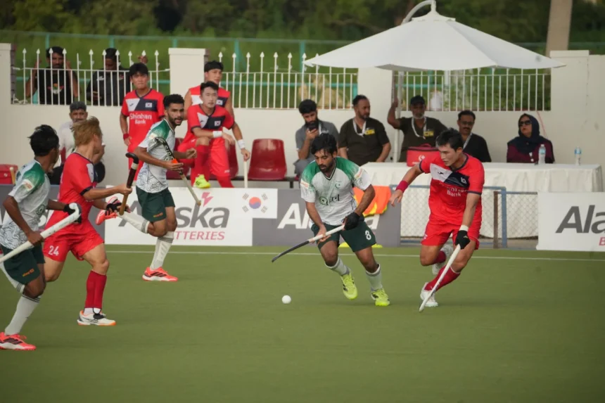 Pakistan hockey team in action against South Korea at Naseer Bunda Hockey Stadium Islamabad