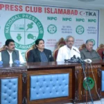 Shahid Khaqan Abbasi addressing a press conference at National Press Club Islamabad