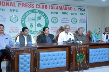 Shahid Khaqan Abbasi addressing a press conference at National Press Club Islamabad