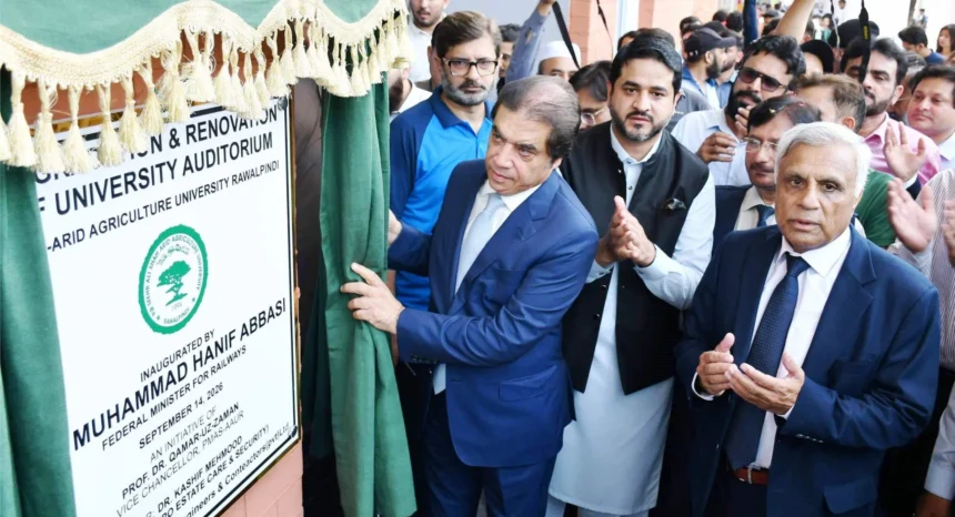 Federal Minister Muhammad Hanif Abbasi inaugurating the renovated auditorium at PMAS Arid Agriculture University Rawalpindi