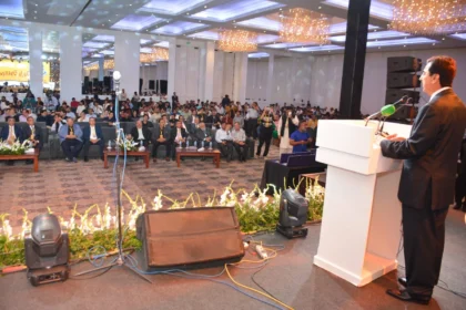 Senate Chairman Syed Yousaf Raza Gilani addressing the Pakistan International Auto Show Gala Dinner