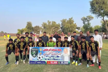 Players in action during the Chacha Saif-ur-Rehman Memorial Football Championship opening match