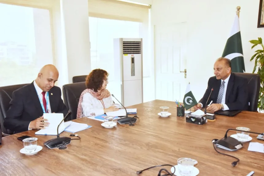 Dr Musadik Malik meeting UN-Habitat officer Oddy Angelo in Islamabad