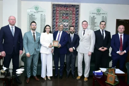 Federal Minister Azam Nazeer Tarar meeting a European parliamentary delegation in Islamabad