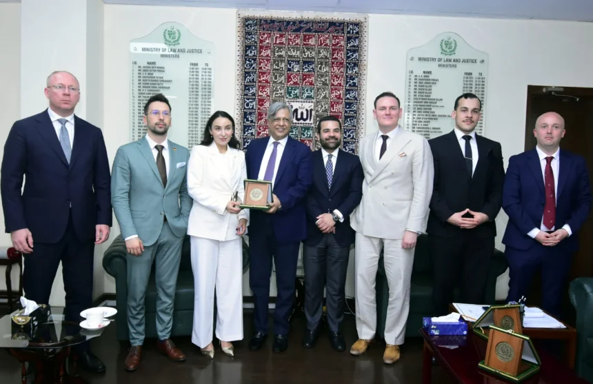 Federal Minister Azam Nazeer Tarar meeting a European parliamentary delegation in Islamabad