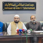 Jamaat-e-Islami Islamabad leaders addressing a press conference on the petroleum levy march