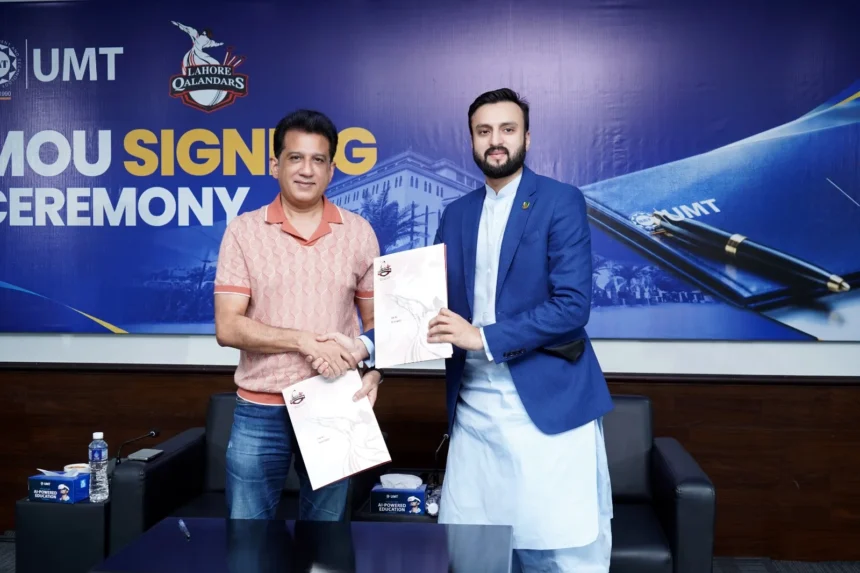 Lahore Qalandars and UMT officials signing MoU for young cricketers
