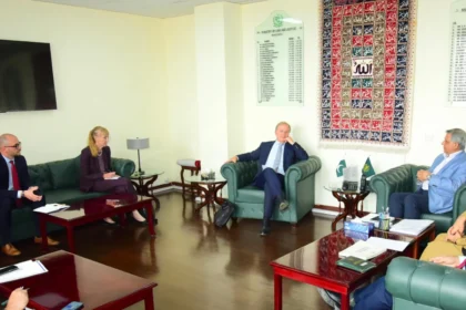 Senator Azam Nazeer Tarar meeting German Commissioner Thomas Rachel in Islamabad