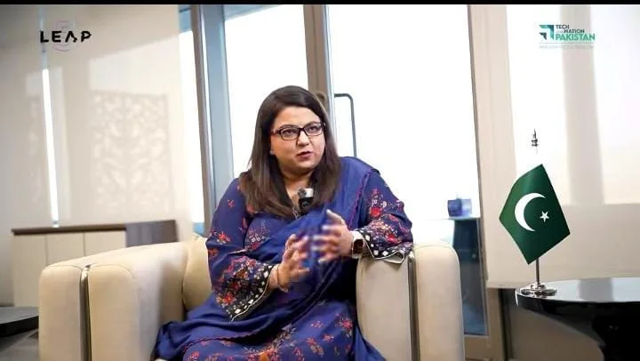 Federal Minister Shaza Fatima Khawaja addressing the LEAP conference in Riyadh