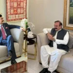 Chairman Senate Syed Yousaf Raza Gilani meeting Parliamentary Affairs Minister Tariq Fazal Chaudhry in Islamabad