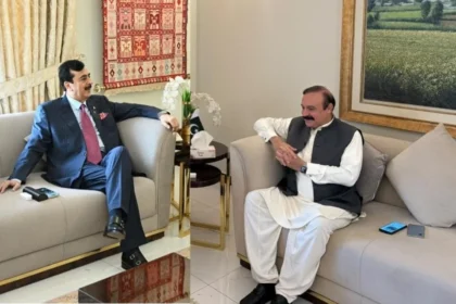 Chairman Senate Syed Yousaf Raza Gilani meeting Parliamentary Affairs Minister Tariq Fazal Chaudhry in Islamabad