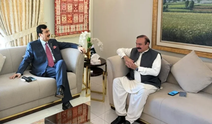 Chairman Senate Syed Yousaf Raza Gilani meeting Parliamentary Affairs Minister Tariq Fazal Chaudhry in Islamabad