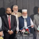 Jamaat-e-Islami leader Liaqat Baloch speaking to media after talks in Islamabad
