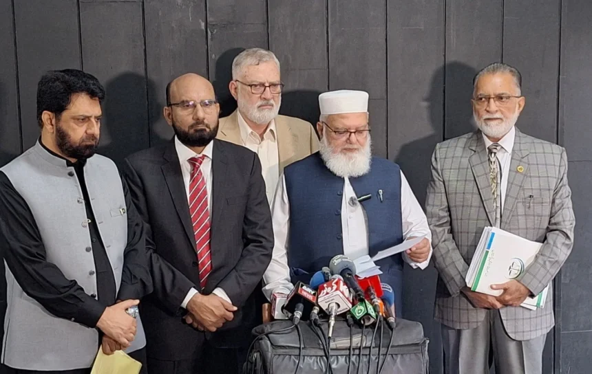 Jamaat-e-Islami leader Liaqat Baloch speaking to media after talks in Islamabad
