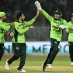 Arafat Minhas celebrates during Pakistan's ODI tri-series win over England in Rawalpindi