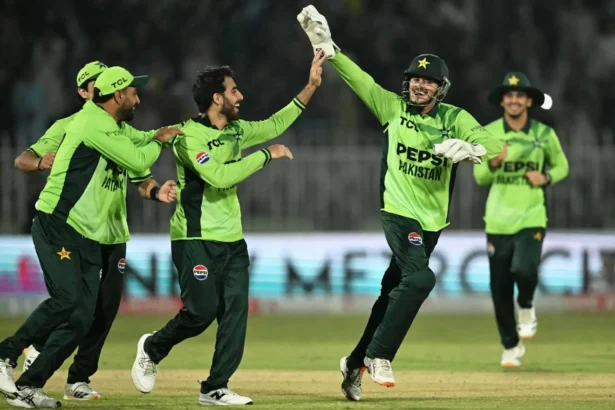 Arafat Minhas celebrates during Pakistan's ODI tri-series win over England in Rawalpindi
