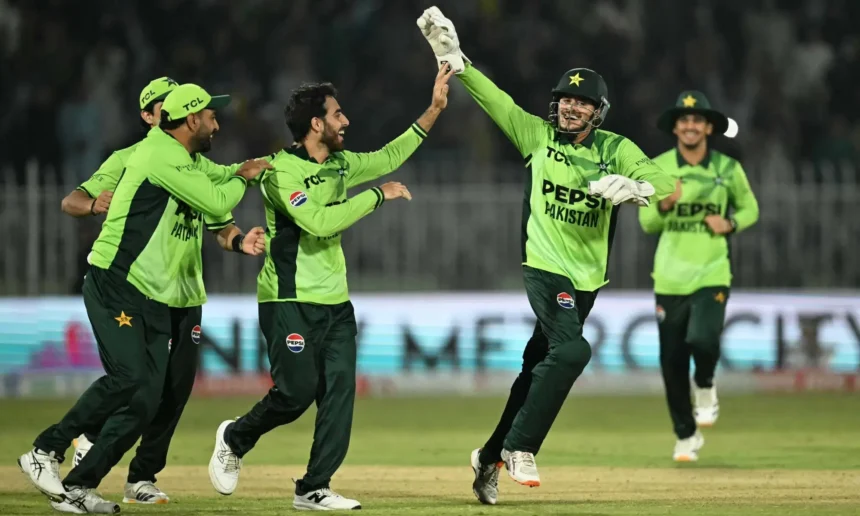 Arafat Minhas celebrates during Pakistan's ODI tri-series win over England in Rawalpindi