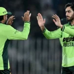 Arafat Minhas batting and bowling for Pakistan in an ODI tri-series match against England