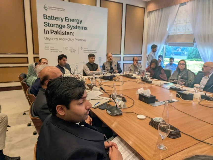 Battery storage units and solar panels representing Pakistan energy storage debate