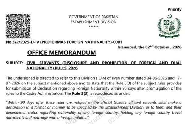 Establishment Division memorandum on foreign nationality declaration for civil servants