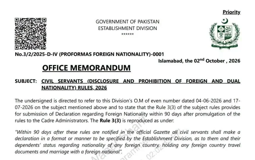 Establishment Division memorandum on foreign nationality declaration for civil servants