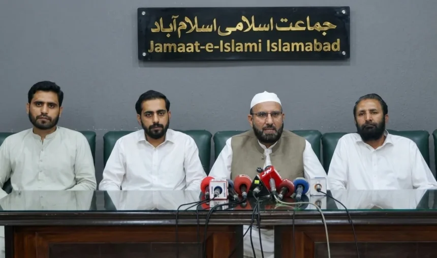 Jamaat-e-Islami Islamabad leaders addressing a press conference on Gaza solidarity meeting