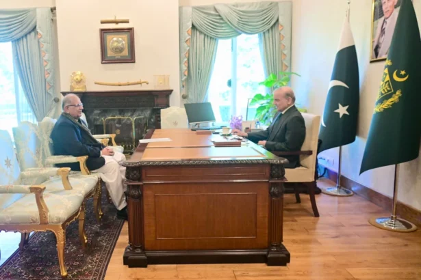 Prime Minister Shehbaz Sharif meets Federal Minister Riaz Hussain Pirzada in Islamabad